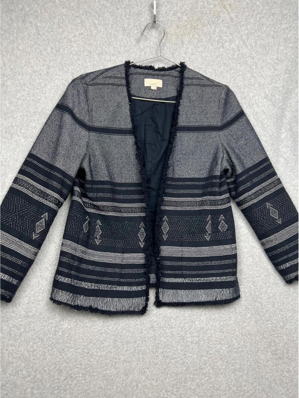 Loft Frayed Tweed Aztec Open Blazer Jacket Womens M Navy Midwestern Tribal Boho